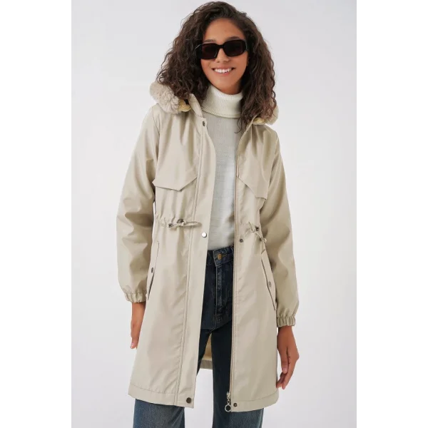 9129 Kapüşonlu Suni Kürklü Kaban  Taş