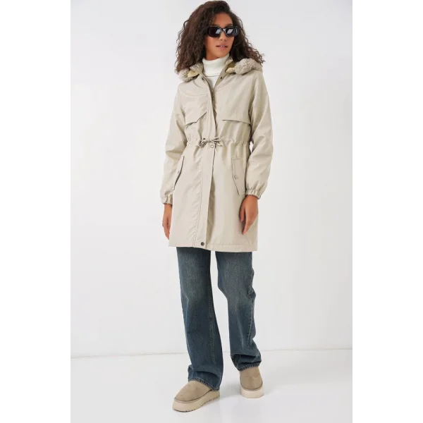 9129 Kapüşonlu Suni Kürklü Kaban  Taş