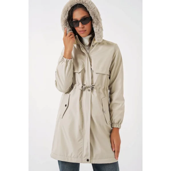 9129 Kapüşonlu Suni Kürklü Kaban  Taş