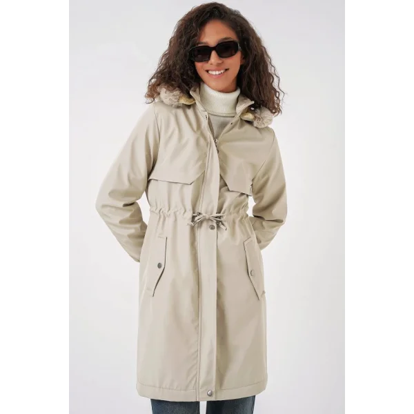 9129 Kapüşonlu Suni Kürklü Kaban  Taş