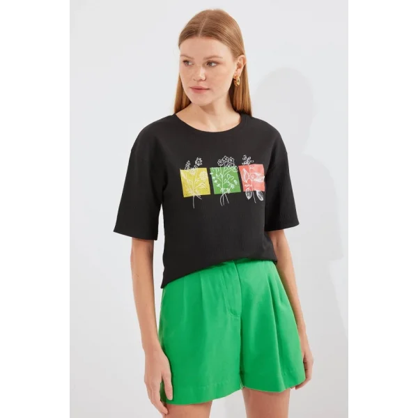 913 Baskılı Örme Basic Tişört - Siyah