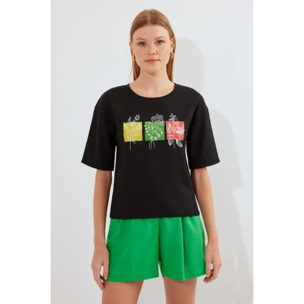 913 Baskılı Örme Basic Tişört - Siyah