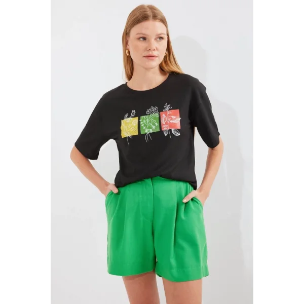 913 Baskılı Örme Basic Tişört - Siyah