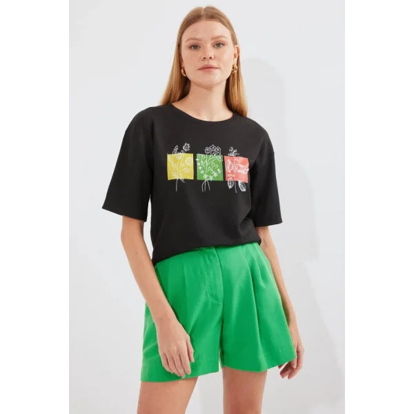 913 Baskılı Örme Basic Tişört - Siyah