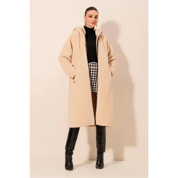 9132 Kapüşonlu Peluş Kaban  Krem