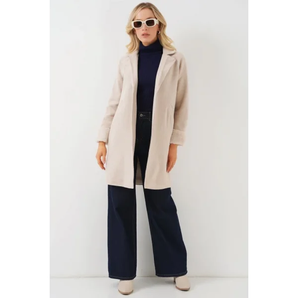 9145 Kolları Tüylü Balık Sırtı Kaşe Kaban - Krem