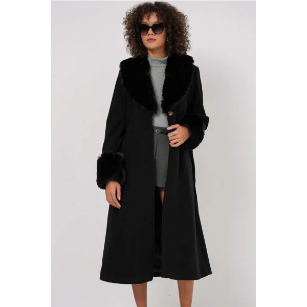 9149 Kürk Detay Uzun Kaban  Siyah