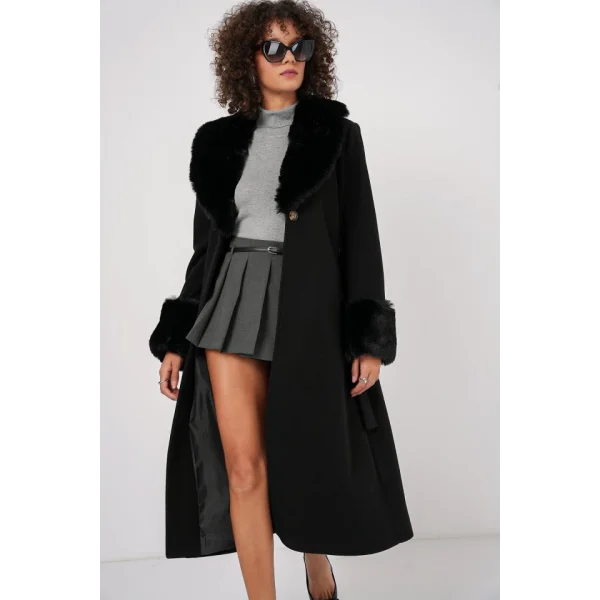 9149 Kürk Detay Uzun Kaban  Siyah