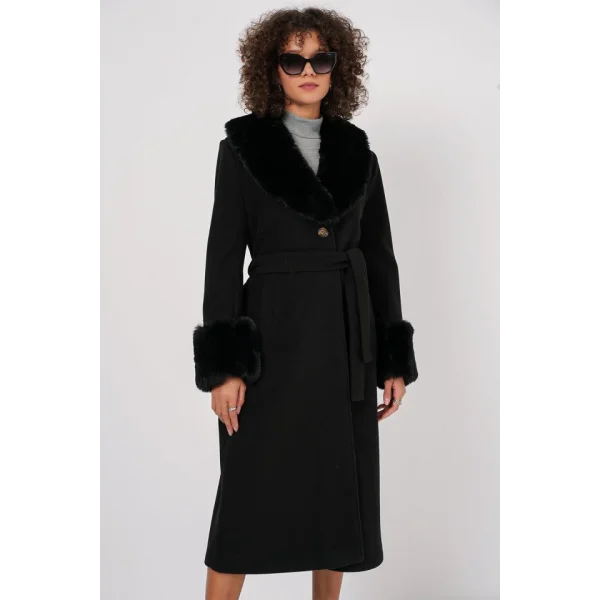 9149 Kürk Detay Uzun Kaban  Siyah