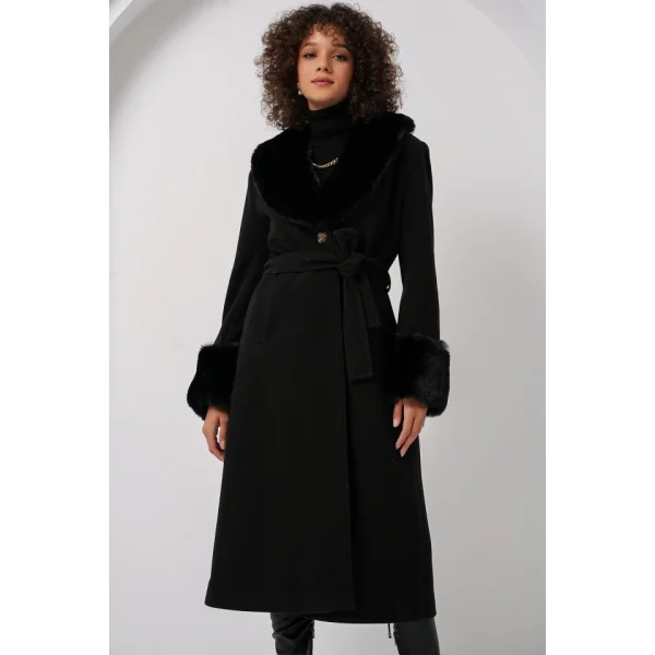 9149 Kürk Detay Uzun Kaban  Siyah