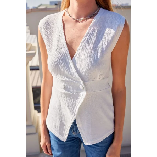 916 Düğme Detaylı Örme Yelek  Beyaz