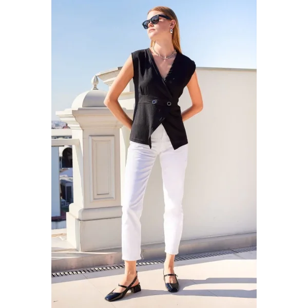 916 Düğme Detaylı Örme Yelek  Siyah