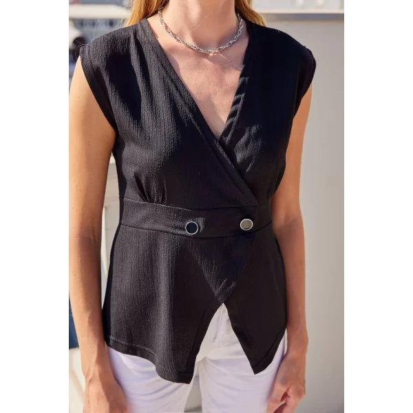 916 Düğme Detaylı Örme Yelek  Siyah
