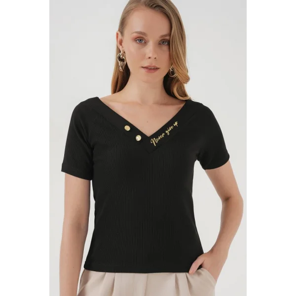 928 Kısa Kol V Yaka Bluz  Siyah