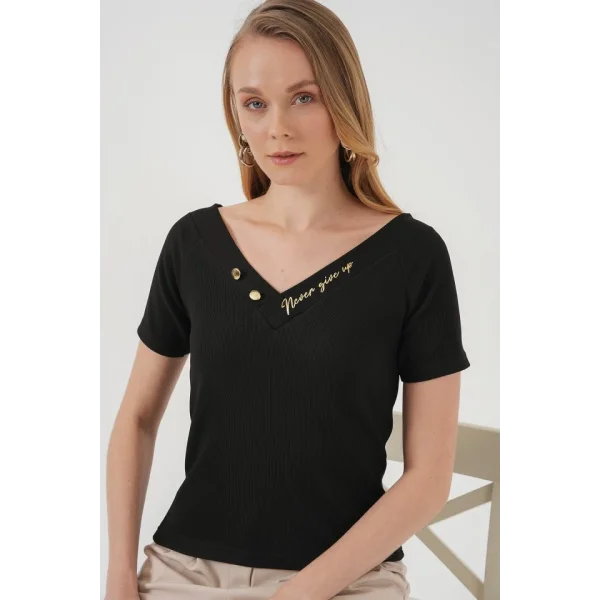 928 Kısa Kol V Yaka Bluz  Siyah