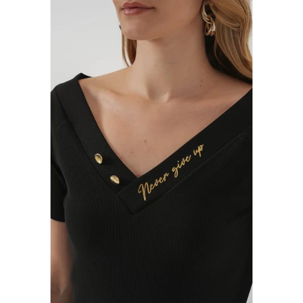 928 Kısa Kol V Yaka Bluz  Siyah