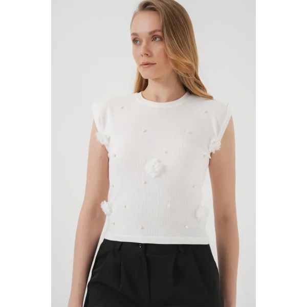 929 Kısa Kol Örme Bluz - Beyaz