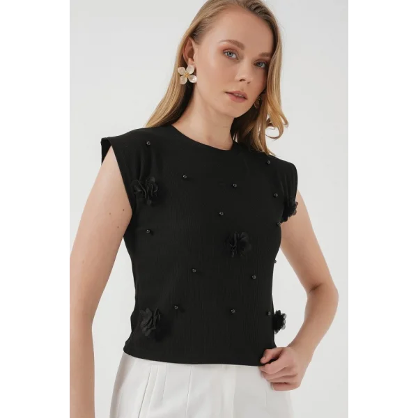 929 Kısa Kol Örme Bluz - Siyah