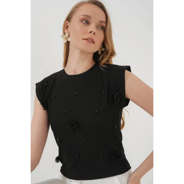 929 Kısa Kol Örme Bluz - Siyah
