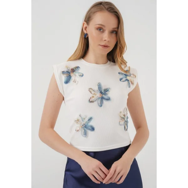 930 Kısa Kol Desenli Crop Bluz - Beyaz