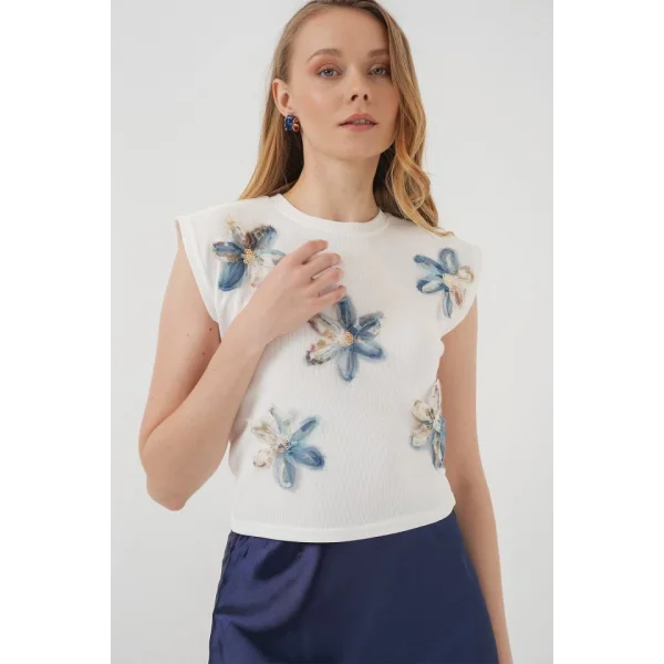 930 Kısa Kol Desenli Crop Bluz - Beyaz