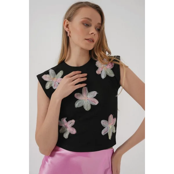 930 Kısa Kol Desenli Crop Bluz - Siyah