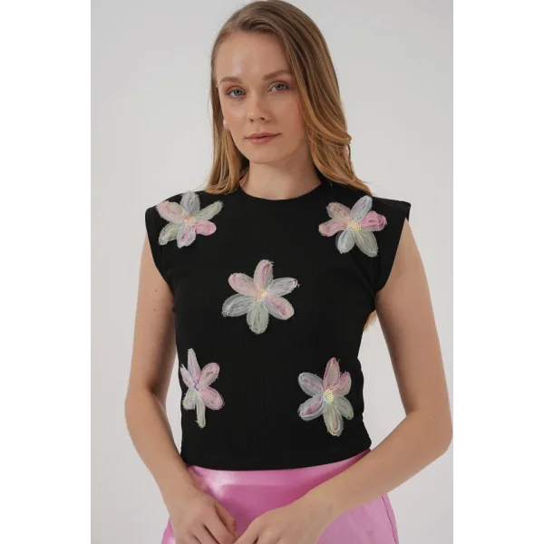 930 Kısa Kol Desenli Crop Bluz - Siyah