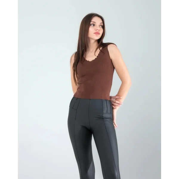 Acı Kahve Merdiven Yaka Kalın Askı Crop Bluz