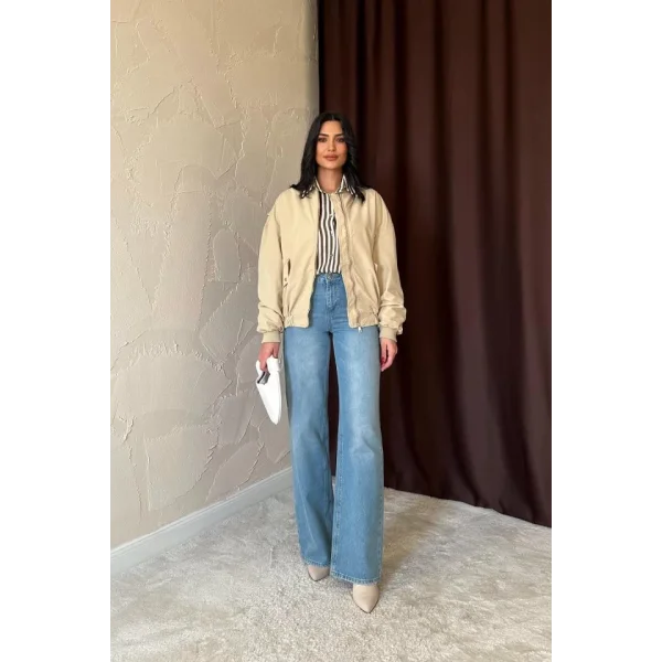 Açık Haki Parçalı Bomber Ceket