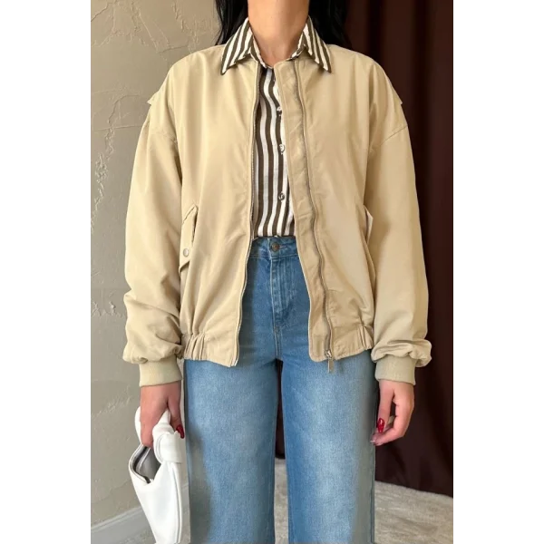 Açık Haki Parçalı Bomber Ceket