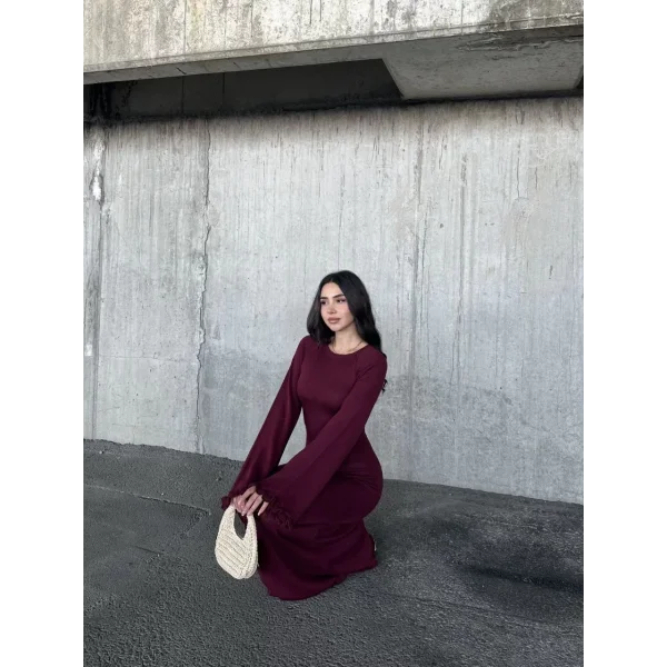 Acık Sırt Detaylı Maxi Uzun Boy Elbise- Bordo