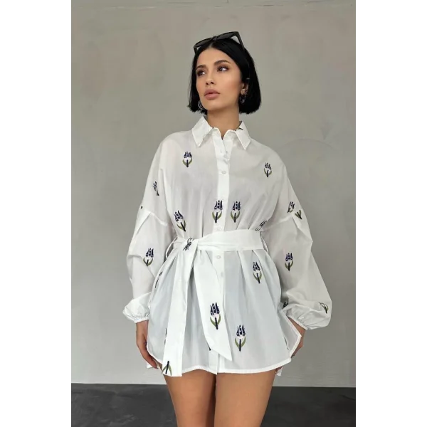 acivert Vual etraj Nakış Kuşaklı Gömlek