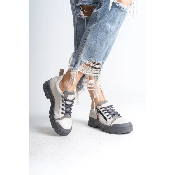 AGATHA Bağcıklı Fermuarlı Ortopedik Taban Kadın Sneaker Spor Ayakkabı CGT - Krem