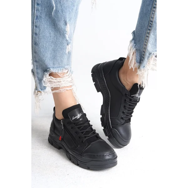 AGATHA Bağcıklı Fermuarlı Ortopedik Taban Kadın Sneaker Spor Ayakkabı CST - Siyah