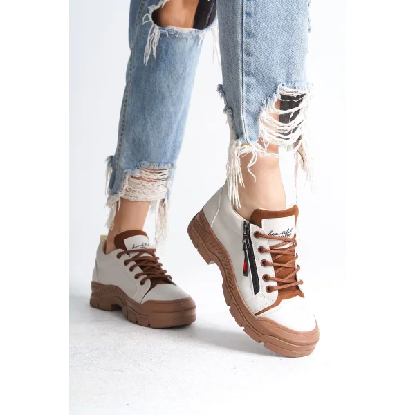AGATHA Bağcıklı Fermuarlı Ortopedik Taban Kadın Sneaker Spor Ayakkabı  CTT - Krem