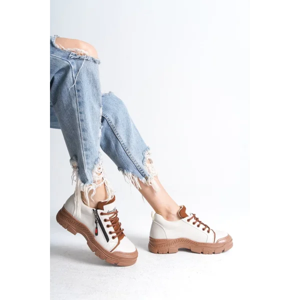 AGATHA Bağcıklı Fermuarlı Ortopedik Taban Kadın Sneaker Spor Ayakkabı  CTT - Krem