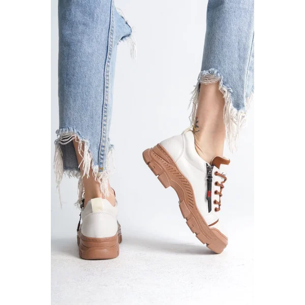 AGATHA Bağcıklı Fermuarlı Ortopedik Taban Kadın Sneaker Spor Ayakkabı  CTT - Krem