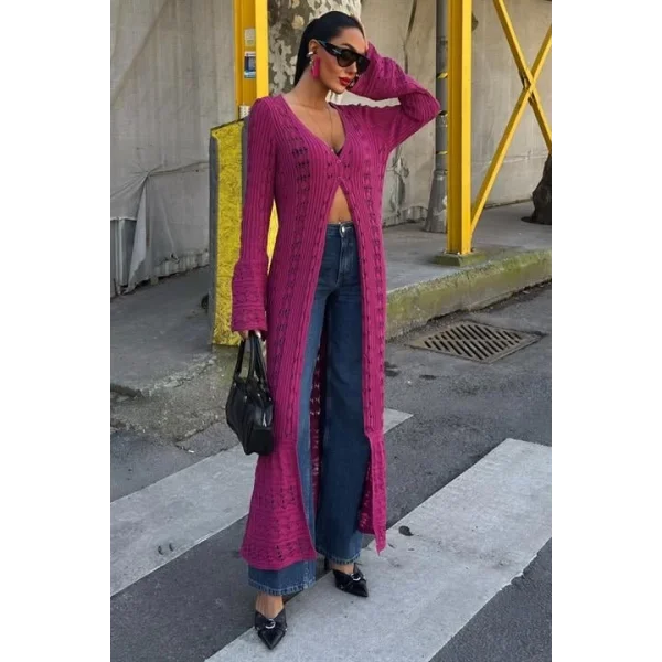 Ajur Uzun Düğmeli Triko Hırka 5181