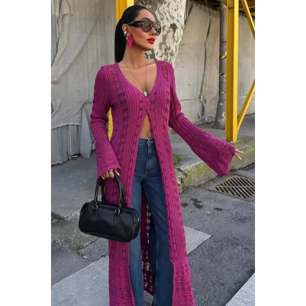 Ajur Uzun Düğmeli Triko Hırka 5181