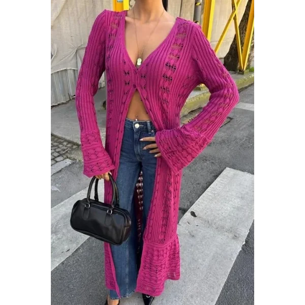 Ajur Uzun Düğmeli Triko Hırka 5181