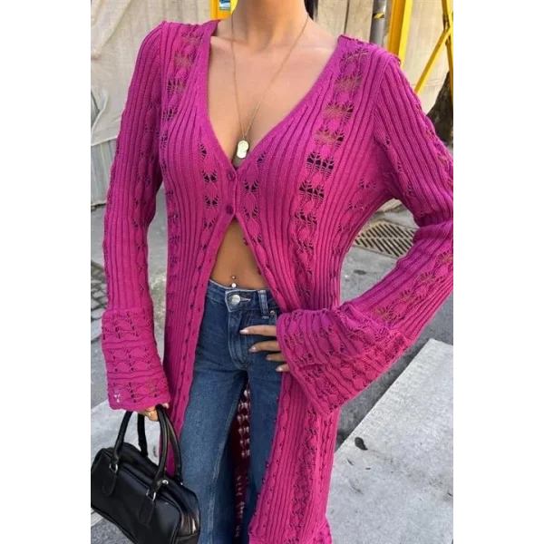 Ajur Uzun Düğmeli Triko Hırka 5181