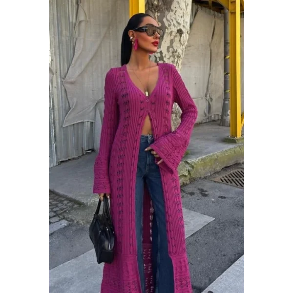 Ajur Uzun Düğmeli Triko Hırka 5181