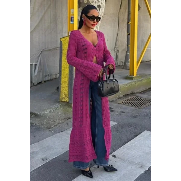 Ajur Uzun Düğmeli Triko Hırka 5181