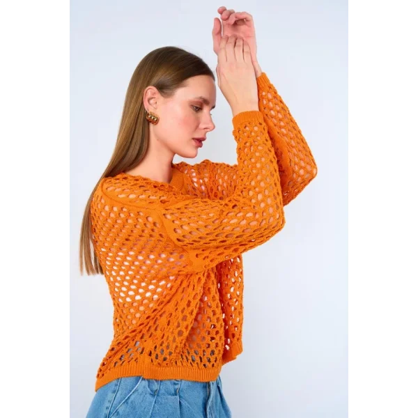 Ajurlu Bisiklet Yaka Kazak  Oranj