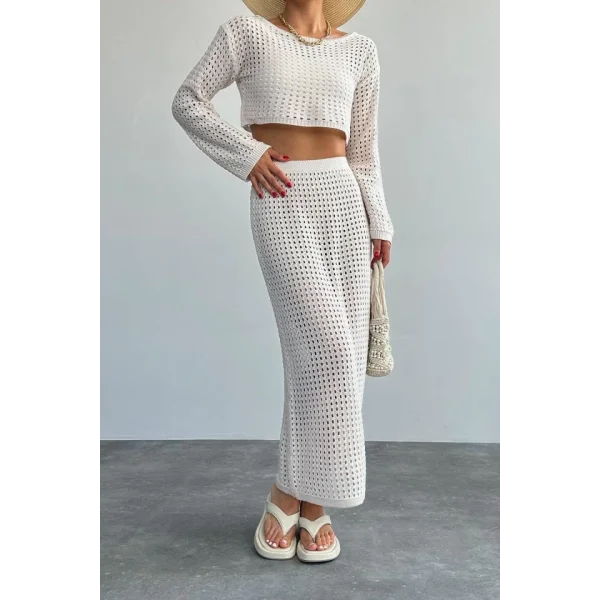 Ajurlu Crop Etekli Takım  Krem