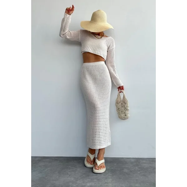 Ajurlu Crop Etekli Takım  Krem