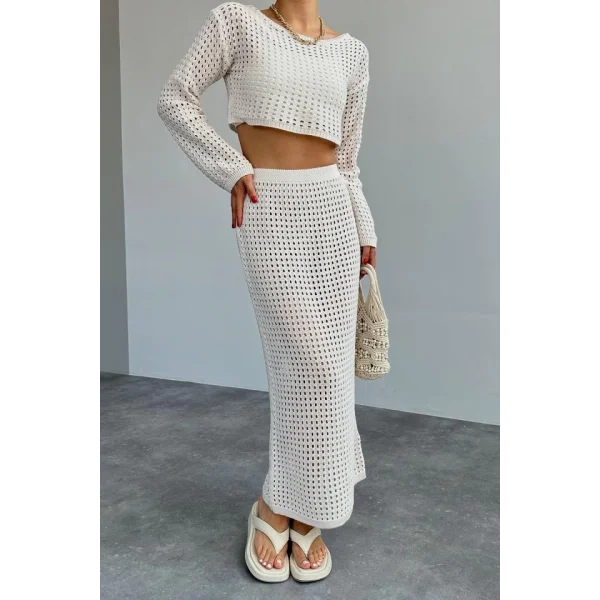 Ajurlu Crop Etekli Takım  Krem