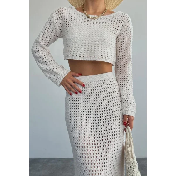 Ajurlu Crop Etekli Takım  Krem