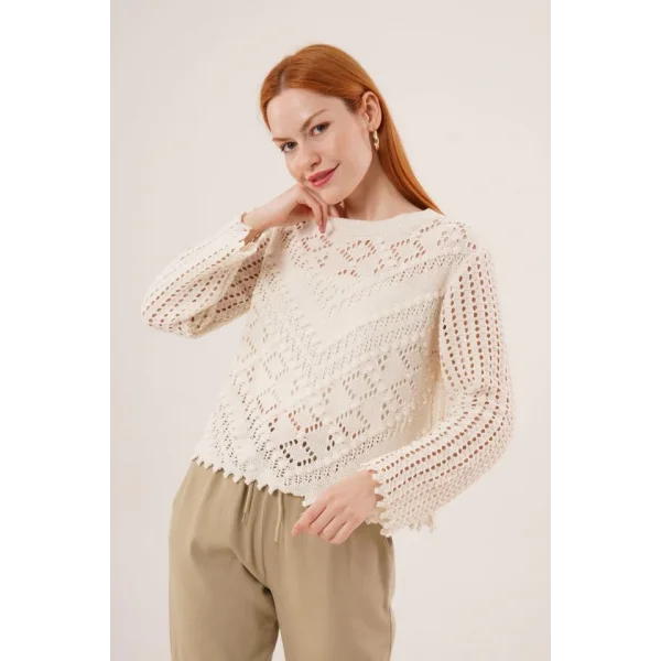 Ajurlu Delikli Model Mevsimlik Krem Kazak