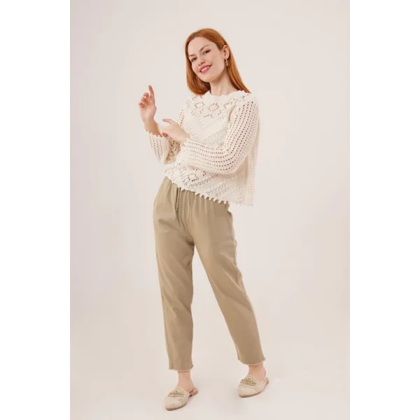 Ajurlu Delikli Model Mevsimlik Krem Kazak